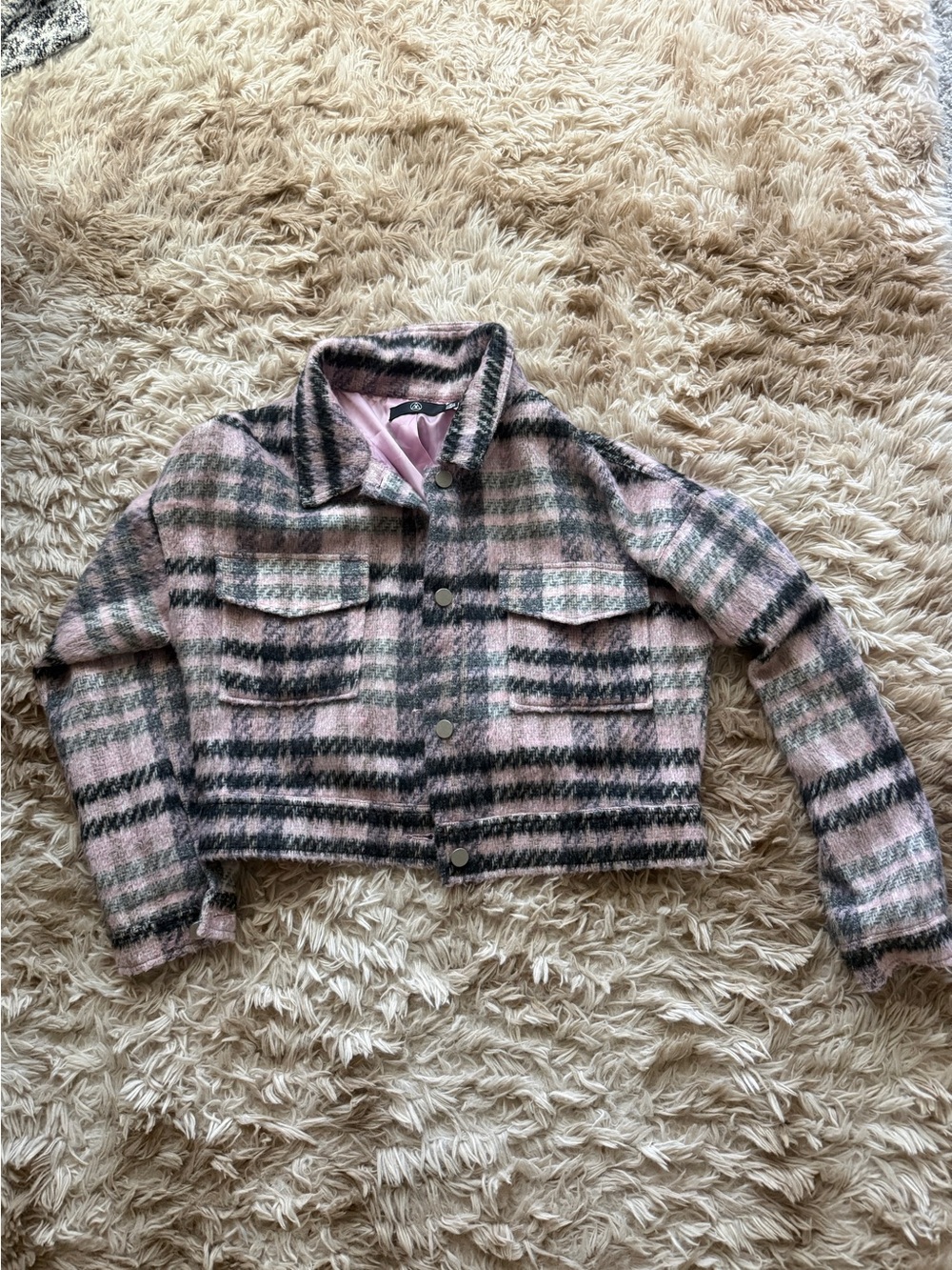 Missguided Pink and Black Plaid Cropped Jacket